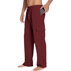 Deyeek Men’s Cargo Sweatpants Open Bottom Baggy Sweat Pants for Mens Straight Leg Gym Cargo Sweats Lounge Pants with Pockets(Maroon)
