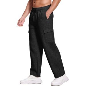 Deyeek Mens Fleece Cargo Sweatpants Open Bottom Sweat Pants for Men Loose Fit Joggers Sweatpants Lounge Pants with Pockets(Black)