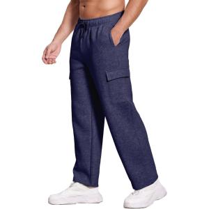 Deyeek Mens Fleece Cargo Sweatpants Open Bottom Sweat Pants for Men Loose Fit Joggers Sweatpants Lounge Pants with Pockets(Navy Blue)