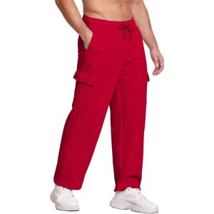 Deyeek Mens Fleece Cargo Sweatpants Open Bottom Sweat Pants for Men Loose Fit Joggers Sweatpants Lounge Pants with Pockets(Red)