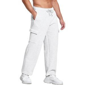 Deyeek Mens Fleece Cargo Sweatpants Open Bottom Sweat Pants for Men Loose Fit Joggers Sweatpants Lounge Pants with Pockets(White)