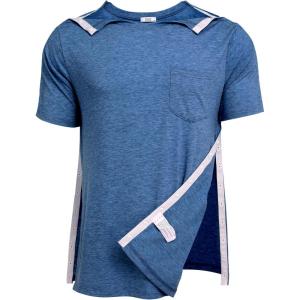 Deyeek Men’s Post Shoulder Surgery Shirts Recovery Tear Away Short Sleeve Full Open Side Snap Adaptive Chemo Clothing(Dark Blue)