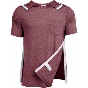 Deyeek Men’s Post Shoulder Surgery Shirts Recovery Tear Away Short Sleeve Full Open Side Snap Adaptive Chemo Clothing(Deep Red)