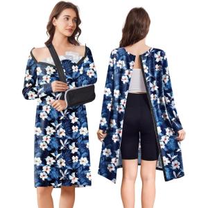Deyeek Open Back Hospital Gowns for Women Post Shoulder Surgery Tear Away Snap Chemo Port Adaptive Clothing with Pockets(Blue Print)