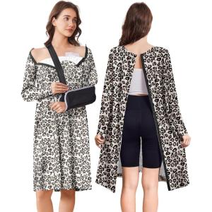 Deyeek Open Back Hospital Gowns for Women Post Shoulder Surgery Tear Away Snap Chemo Port Adaptive Clothing with Pockets(Leopard)