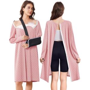 Deyeek Open Back Hospital Gowns for Women Post Shoulder Surgery Tear Away Snap Chemo Port Adaptive Clothing with Pockets(Pink Print)