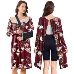 Deyeek Open Back Hospital Gowns for Women Post Shoulder Surgery Tear Away Snap Chemo Port Adaptive Clothing with Pockets(Red Print)