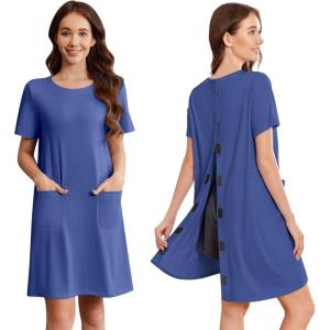 Deyeek Open Back Hospital Gowns for Women Tear Away Short Sleeve Post Surgery Soft Nightgowns for Elderly Women With Pocket(Deep Blue)