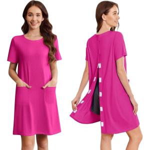 Deyeek Open Back Hospital Gowns for Women Tear Away Short Sleeve Post Surgery Soft Nightgowns for Elderly Women With Pocket(Rose Red)