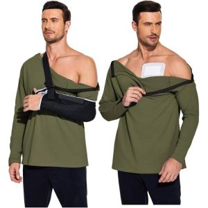Deyeek Post Shoulder Surgery Recovery Shirts for Men Chemo Port Access Top Snap Full Tear Away Long Sleeve(Army Green)