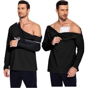 Deyeek Post Shoulder Surgery Recovery Shirts for Men Chemo Port Access Top Snap Full Tear Away Long Sleeve(Black)