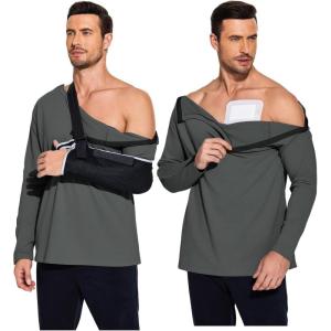 Deyeek Post Shoulder Surgery Recovery Shirts for Men Chemo Port Access Top Snap Full Tear Away Long Sleeve(Dark Gray)