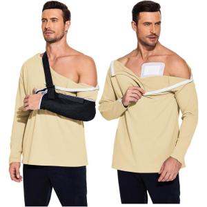 Deyeek Post Shoulder Surgery Recovery Shirts for Men Chemo Port Access Top Snap Full Tear Away Long Sleeve(Khaki)
