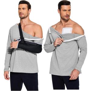 Deyeek Post Shoulder Surgery Recovery Shirts for Men Chemo Port Access Top Snap Full Tear Away Long Sleeve(Light Grey)