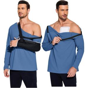 Deyeek Post Shoulder Surgery Recovery Shirts for Men Chemo Port Access Top Snap Full Tear Away Long Sleeve(Navy Blue)