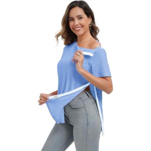 Deyeek Post Surgery Shirts Women Shoulder Recovery Tear Away Chemo Port Access Rotator Cuff Rehab Adaptive Clothing Hospital(Light Blue)