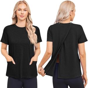 Deyeek Post Surgery Shirts for Women Tear Away Snap Open Back Top Hospital Shirts Short Sleeve Adaptive Clothing with Pockets(Black)