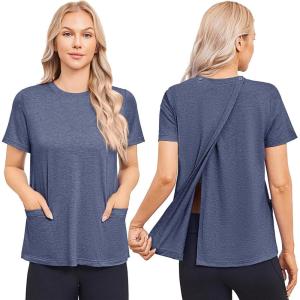 Deyeek Post Surgery Shirts for Women Tear Away Snap Open Back Top Hospital Shirts Short Sleeve Adaptive Clothing with Pockets(Blue Purple)