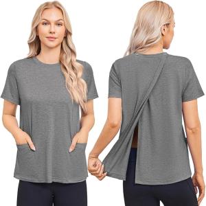 Deyeek Post Surgery Shirts for Women Tear Away Snap Open Back Top Hospital Shirts Short Sleeve Adaptive Clothing with Pockets(Grey)