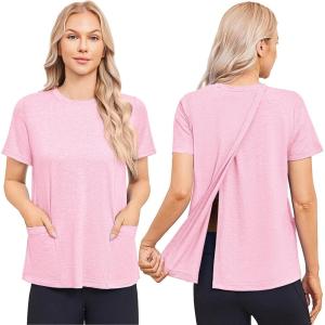 Deyeek Post Surgery Shirts for Women Tear Away Snap Open Back Top Hospital Shirts Short Sleeve Adaptive Clothing with Pockets(Pink)