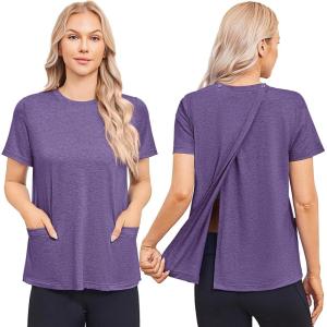 Deyeek Post Surgery Shirts for Women Tear Away Snap Open Back Top Hospital Shirts Short Sleeve Adaptive Clothing with Pockets(Purple)