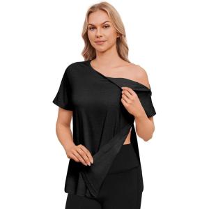 Deyeek Post Surgery Shirts for Women with 2 Shoulder Half Zippers Chemo Port Shirt Side Tear Away Adaptive Clothing(Black)