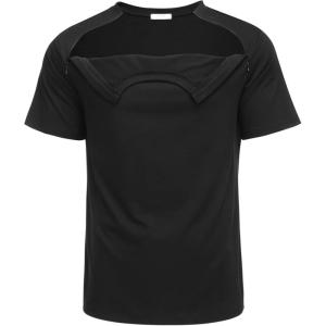 Deyeek Unisex Chemo Port Shirts Post Shoulder Surgery Recovery Shirts Tear Away Side Zippers Off Full Open Chemo Clothing(Black)