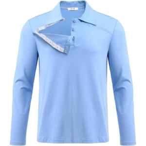Deyeek Unisex Chemo Shirts for Port Access Post Shoulder Surgery Recovery Shirt Long Sleeve Tear Away Adaptive Chemo Clothing(Light Blue)