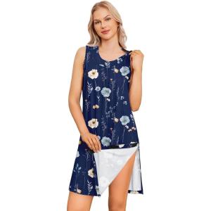 Deyeek Women’s Post Shoulder Surgery Dress Tear Away Sleeveless Dress Side Full Open Chemo Port Adaptive Nightgown(Navy Blue Print)