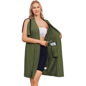 Deyeek Women’s Post Surgery Mastectomy Robe with 4 Internal Drain Pockets Short Sleeve Adaptive Nightgowns Pajama Dress Shirt(Army Green)