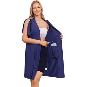 Deyeek Women’s Post Surgery Mastectomy Robe with 4 Internal Drain Pockets Short Sleeve Adaptive Nightgowns Pajama Dress Shirt(Navy Blue)