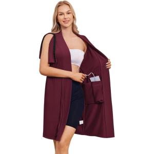 Deyeek Women’s Post Surgery Mastectomy Robe with 4 Internal Drain Pockets Short Sleeve Adaptive Nightgowns Pajama Dress Shirt(Wine Red)