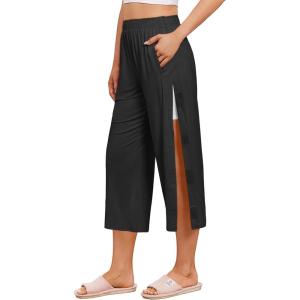 Deyeek Womens Tear Away Breakaway Capri Pants Post Surgery Recovery Hip Knee Ankle Replacement Adaptive Magic Tape 2 Pockets(Black)