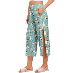 Deyeek Womens Tear Away Breakaway Capri Pants Post Surgery Recovery Hip Knee Ankle Replacement Adaptive Magic Tape 2 Pockets(Green Print)