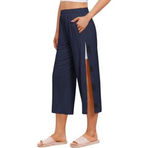 Deyeek Womens Tear Away Breakaway Capri Pants Post Surgery Recovery Hip Knee Ankle Replacement Adaptive Magic Tape 2 Pockets(Navy Blue)