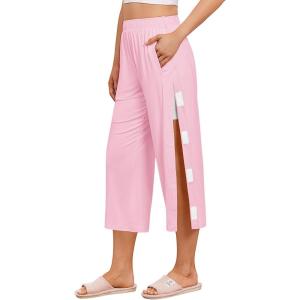 Deyeek Womens Tear Away Breakaway Capri Pants Post Surgery Recovery Hip Knee Ankle Replacement Adaptive Magic Tape 2 Pockets(Pink)
