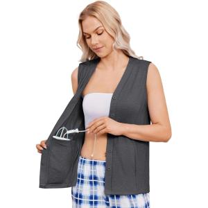 Deyeek Women’s V-Neck Mastectomy Shirts with Drain Pockets Chemo Ports Access Shirts Snap Post Shoulder Surgery Tank Tops(Dark Grey)