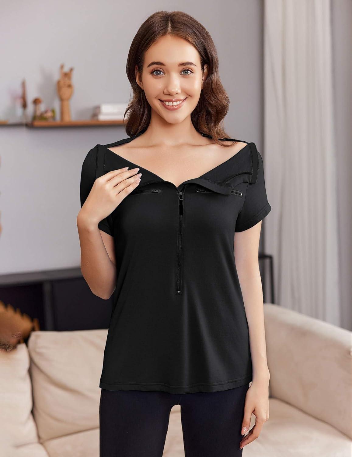imageDeyeek Chemo Shirts for Port Access Women 2 Side Snap Short Sleeve Shoulder Surgery Rotator Cuff Dialysis Recovery ShirtsBlack