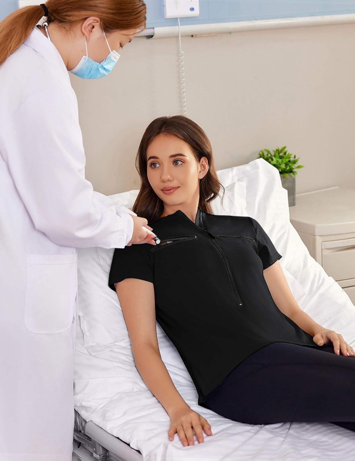 imageDeyeek Chemo Shirts for Port Access Women 2 Side Snap Short Sleeve Shoulder Surgery Rotator Cuff Dialysis Recovery ShirtsBlack