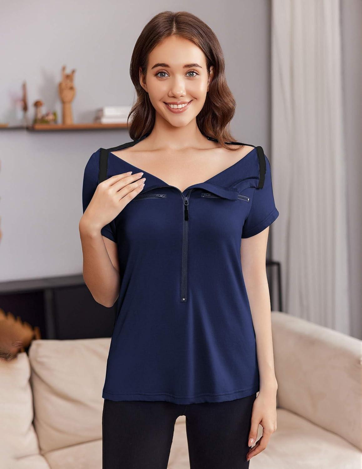 imageDeyeek Chemo Shirts for Port Access Women 2 Side Snap Short Sleeve Shoulder Surgery Rotator Cuff Dialysis Recovery ShirtsBlue