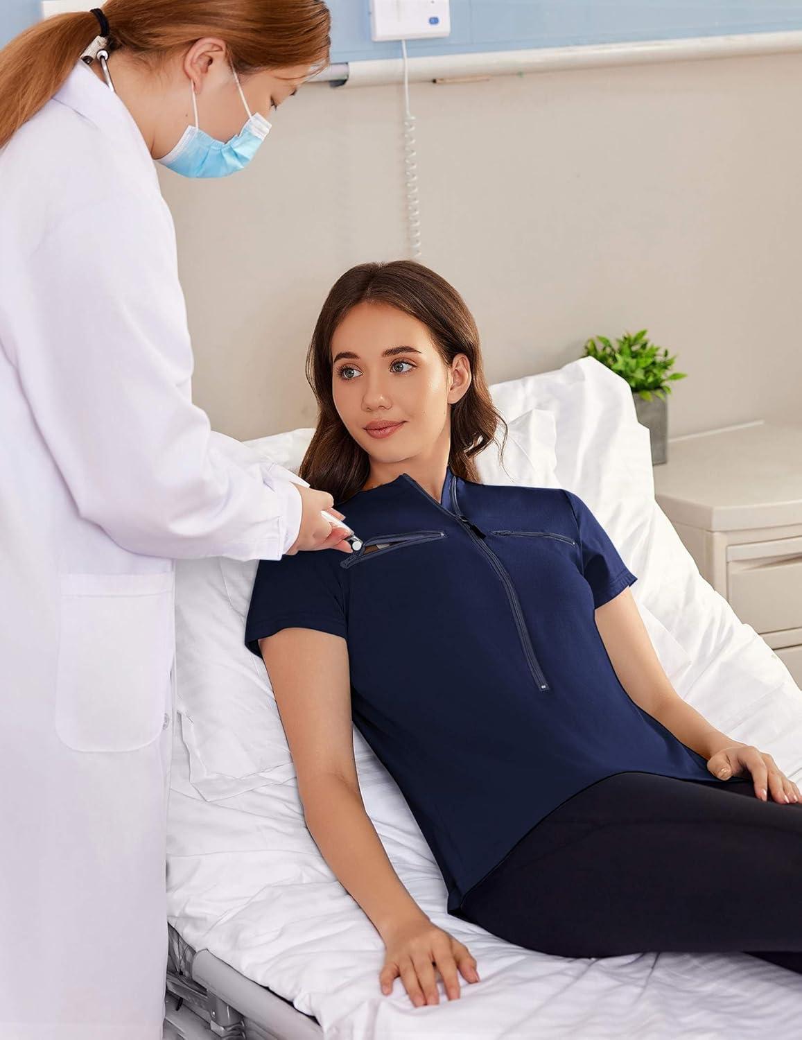 imageDeyeek Chemo Shirts for Port Access Women 2 Side Snap Short Sleeve Shoulder Surgery Rotator Cuff Dialysis Recovery ShirtsBlue