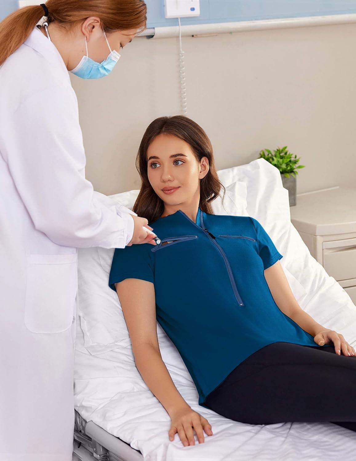 imageDeyeek Chemo Shirts for Port Access Women 2 Side Snap Short Sleeve Shoulder Surgery Rotator Cuff Dialysis Recovery ShirtsDark Blue