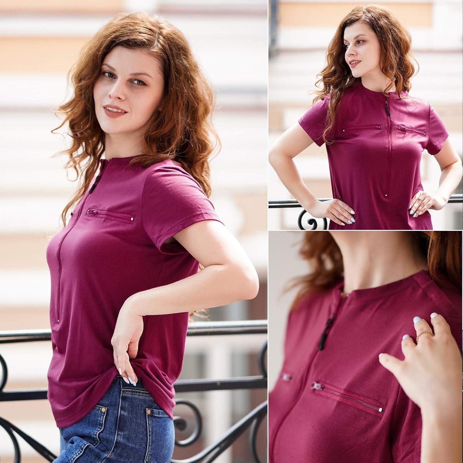 imageDeyeek Chemo Shirts for Port Access Women 2 Side Snap Short Sleeve Shoulder Surgery Rotator Cuff Dialysis Recovery ShirtsDark Red