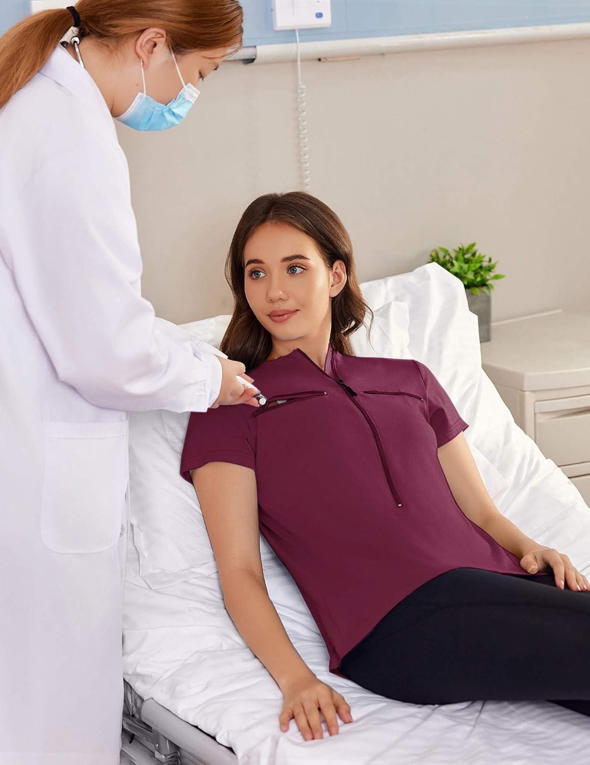 imageDeyeek Chemo Shirts for Port Access Women 2 Side Snap Short Sleeve Shoulder Surgery Rotator Cuff Dialysis Recovery ShirtsDark Red
