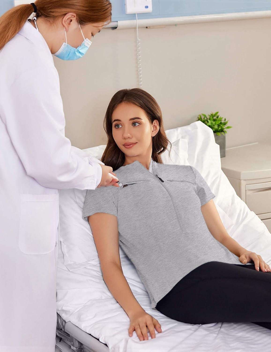imageDeyeek Chemo Shirts for Port Access Women 2 Side Snap Short Sleeve Shoulder Surgery Rotator Cuff Dialysis Recovery ShirtsGrey
