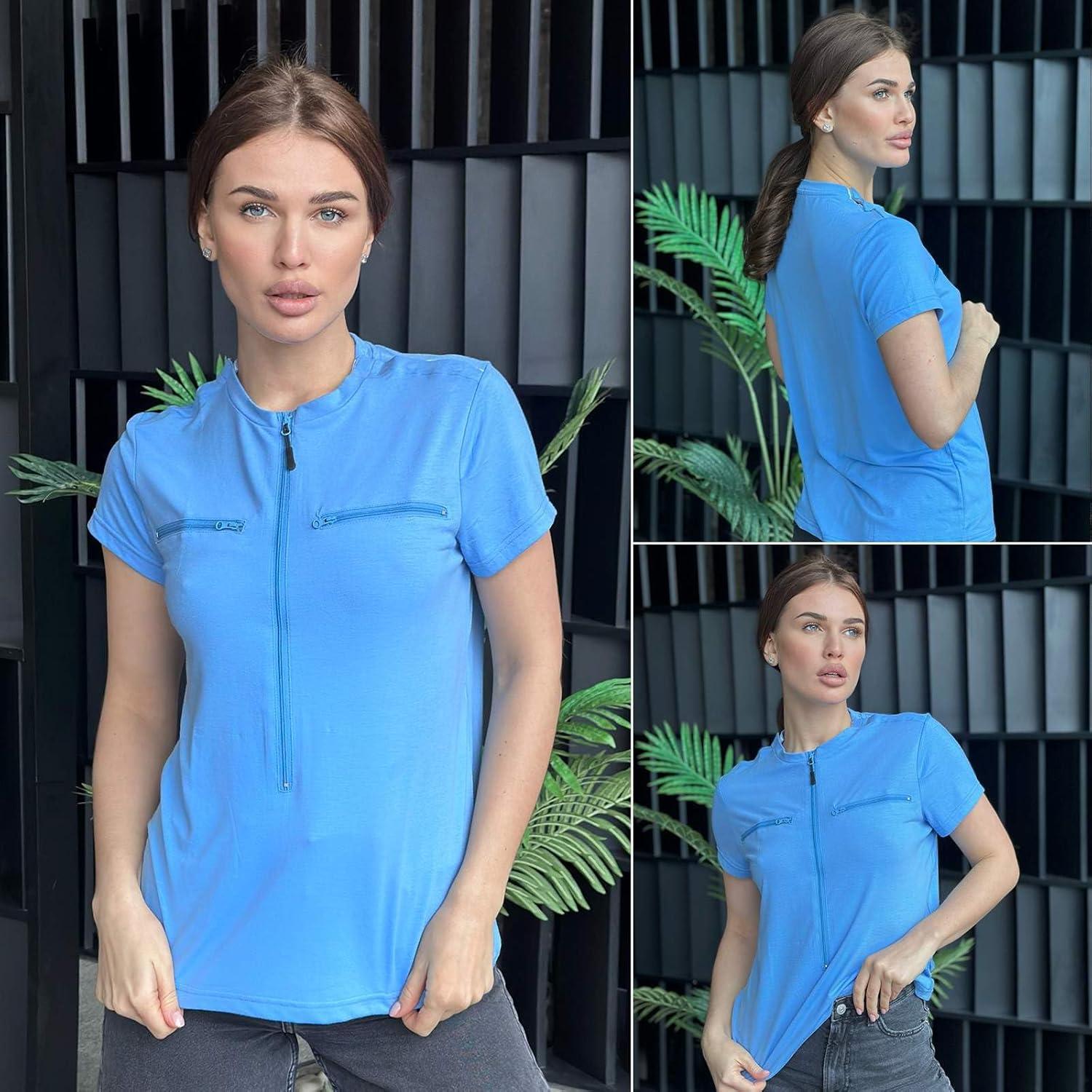 imageDeyeek Chemo Shirts for Port Access Women 2 Side Snap Short Sleeve Shoulder Surgery Rotator Cuff Dialysis Recovery ShirtsLight Blue