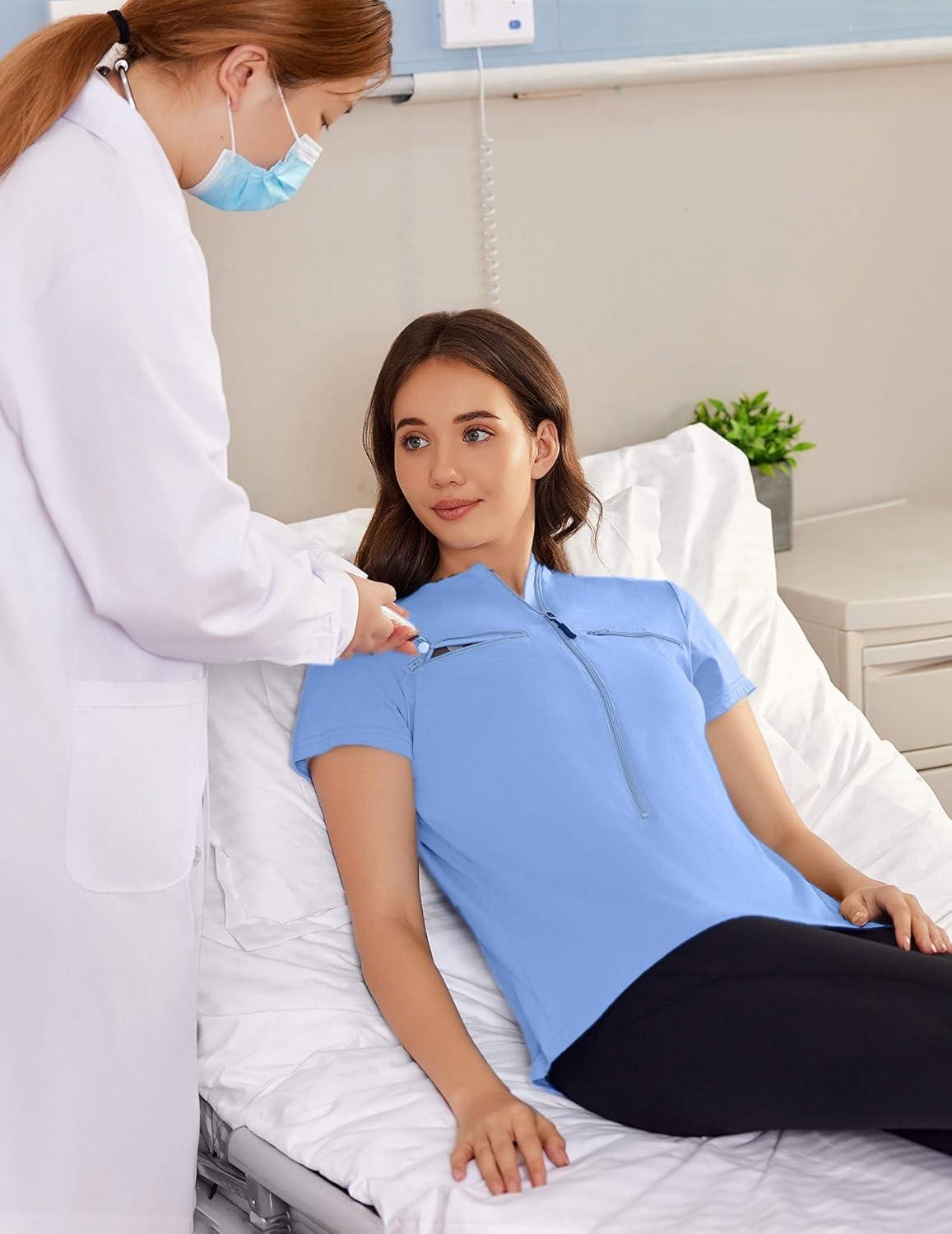 imageDeyeek Chemo Shirts for Port Access Women 2 Side Snap Short Sleeve Shoulder Surgery Rotator Cuff Dialysis Recovery ShirtsLight Blue