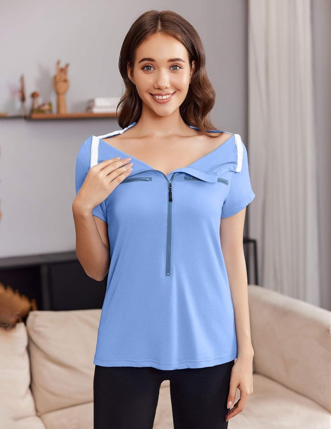 imageDeyeek Chemo Shirts for Port Access Women 2 Side Snap Short Sleeve Shoulder Surgery Rotator Cuff Dialysis Recovery ShirtsLight Blue