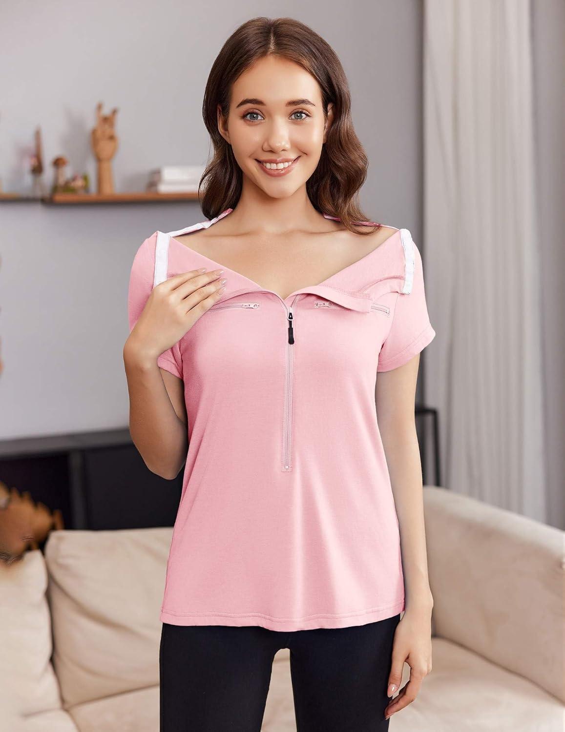 imageDeyeek Chemo Shirts for Port Access Women 2 Side Snap Short Sleeve Shoulder Surgery Rotator Cuff Dialysis Recovery ShirtsPink