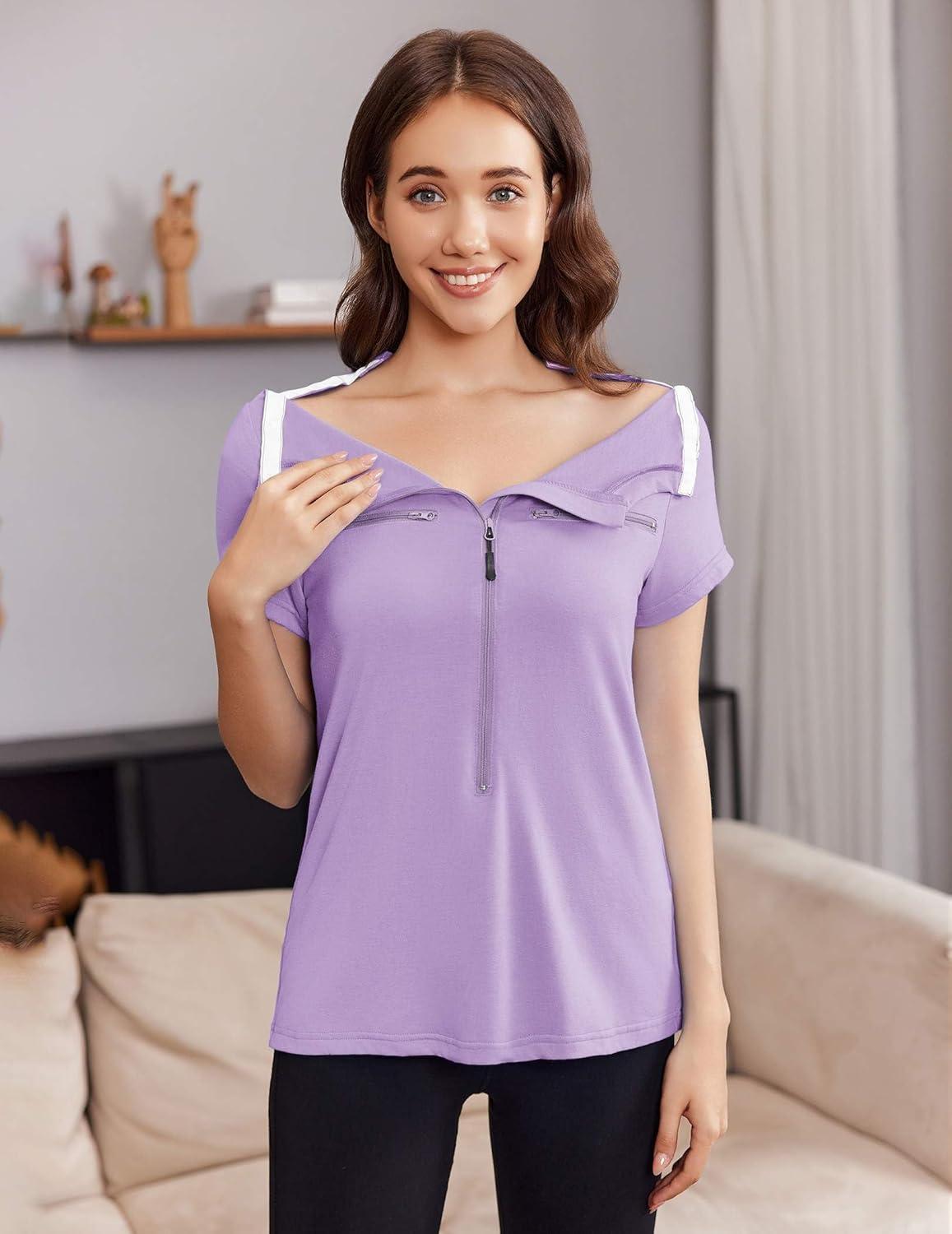imageDeyeek Chemo Shirts for Port Access Women 2 Side Snap Short Sleeve Shoulder Surgery Rotator Cuff Dialysis Recovery ShirtsPurple